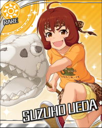 Rule 34 | 10s, 1girl, blush, brown eyes, card (medium), character name, clothes writing, collarbone, headband, holding, idolmaster, idolmaster cinderella girls, jpeg artifacts, looking at viewer, official art, open mouth, red hair, short hair, short sleeves, shorts, smile, solo, sun symbol, ueda suzuho