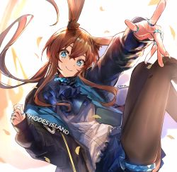 Rule 34 | 1girl, amiya (arknights), animal ear fluff, animal ears, arknights, artist name, ascot, black jacket, black pantyhose, blouse, blue ascot, blue eyes, blue skirt, brown hair, feet out of frame, floating hair, hair between eyes, happitan no kona, highres, infection monitor (arknights), jacket, jewelry, long hair, looking at viewer, multiple rings, necklace, open clothes, open jacket, outstretched arm, panties, pantyhose, rabbit ears, ring, shirt, skirt, smile, solo, thigh strap, underwear, white background, white shirt