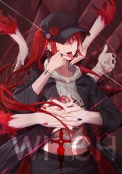 Rule 34 | 1girl, baseball cap, belt, black hat, black jacket, black nails, black pants, citrus7763, disembodied hand, fang, finger in own mouth, hat, highres, hood, hood down, hoodie, jacket, long hair, mole, mole under eye, mouth pull, nail polish, navel, open clothes, open jacket, original, pants, piercing, ponytail, red hair, red nails, solo, tongue, tongue out, tongue piercing, white hoodie, yellow eyes
