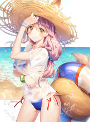 Rule 34 | 1girl, animal ear fluff, animal ears, artist name, bangle, bare arms, bare shoulders, beach, bikini, blue bikini, bracelet, breasts, brown eyes, cowboy shot, ears through headwear, fate/grand order, fate (series), fox ears, fox tail, grin, hand up, hat, horizon, innertube, jewelry, large breasts, long hair, looking at viewer, low-tied long hair, navel, ocean, pink hair, roang, sand, see-through silhouette, shirt, side-tie bikini bottom, smile, solo, standing, stomach, straw hat, swim ring, swimsuit, tail, tamamo (fate), tamamo no mae (fate/extra), tamamo no mae (swimsuit lancer) (second ascension) (fate), thighs, water, wet, wet clothes, wet shirt