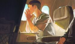 Rule 34 | 1boy, airplane interior, black eyes, black hair, buzz cut, cyanpears, hands on own face, highres, looking outside, male focus, own hands clasped, own hands together, sawakita eiji, shirt, short hair, sitting, slam dunk (series), solo, sunlight, undercut, upper body, very short hair, white shirt, window