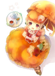 Rule 34 | 1girl, blonde hair, blush, cookie, cranberry, cream, cup, dress, drink, food, food-themed clothes, fruit, gloves, hat, highres, kiwi (fruit), leaf, long hair, looking up, open mouth, personification, raspberry, red eyes, shoes, side ponytail, sitting, smile, solo, strawberry, takeda mika, tea, teacup, teapot, tray, umbrella