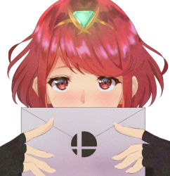 Rule 34 | 1girl, black gloves, blush, commentary request, earrings, envelope, fingerless gloves, gem, gloves, glowing, hairband, holding, holding envelope, jewelry, looking at viewer, nayutayutautau, nintendo, nose blush, pyra (xenoblade), red eyes, red hair, short hair, simple background, smash invitation, solo, super smash bros., super smash bros. logo, swept bangs, upper body, white background, xenoblade chronicles (series), xenoblade chronicles 2