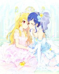 Rule 34 | 10s, 2girls, aikatsu!, aikatsu! (series), arm support, bare shoulders, bead bracelet, beads, blonde hair, blue bow, blue dress, blue flower, blue hair, blue rose, bow, bow earrings, bracelet, breasts, bridal gauntlets, bridal veil, bride, choker, church, cleavage, closed mouth, confetti, couple, curly hair, dress, earrings, elbow gloves, eyelashes, face-to-face, flower, from side, glint, gloves, hair between eyes, hair flower, hair ornament, heart, hoshimiya ichigo, imminent kiss, indoors, jewelry, kiriya aoi, lace, lace-trimmed dress, lace trim, long dress, long hair, minatsuki randoseru, multiple girls, off-shoulder dress, off shoulder, parted lips, pink dress, profile, red eyes, rose, see-through, side ponytail, sitting, slit pupils, small breasts, sparkle, stained glass, strapless, strapless dress, tiara, veil, wedding, wedding dress, white dress, white gloves, wife and wife, yuri