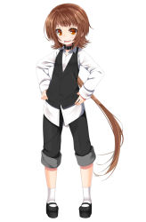 Rule 34 | 1girl, brown eyes, brown hair, candy, collar, dress shirt, food, hands on own hips, highres, lollipop, long hair, open mouth, original, pants, pants rolled up, ponytail, shirasu youichi, shirt, simple background, solo, waistcoat, white background