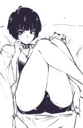 Rule 34 | 10s, 1girl, absurdres, aurahack, bra, chair, clipboard, collar, greyscale, highres, jewelry, legs up, monochrome, necklace, pendant, persona, persona 5, short hair, short shorts, shorts, signature, simple background, sitting, sketch, solo, takemi tae, underwear, waveform