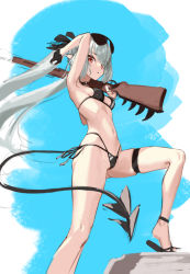 Rule 34 | 1girl, arm up, armpits, bare arms, bare shoulders, bikini, black bikini, black choker, black gloves, blue archive, bolt action, breasts, cameltoe, choker, eyewear on head, gloves, grey hair, gun, hair ribbon, highres, holding, holding gun, holding weapon, iori (blue archive), iori (swimsuit) (blue archive), long hair, looking at viewer, mauser 98, multi-strapped bikini bottom, navel, pjman, pointy ears, red eyes, ribbon, rifle, sandals, side-tie bikini bottom, skindentation, slippers, small breasts, solo, stomach, string bikini, sunglasses, swimsuit, tail, thigh strap, thighs, twintails, very long hair, weapon