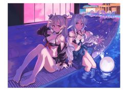 Rule 34 | 2girls, ball, beachball, bikini, black bikini, black jacket, blue eyes, blue sarong, blush, border, braid, breasts, brown eyes, cleavage, closed mouth, collarbone, hair between eyes, hair flaps, hair ornament, hairclip, heterochromia, highres, jacket, kantai collection, large breasts, light brown hair, long hair, looking at viewer, multiple girls, murasame (kancolle), murasame kai ni (kancolle), navel, night, open clothes, open jacket, open mouth, outdoors, pool, red eyes, sarong, single braid, sitting, smile, soaking feet, sugue tettou, swimsuit, twitter username, umikaze (kancolle), umikaze kai ni (kancolle), very long hair, white border, white jacket