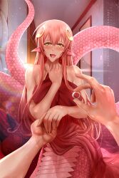 Rule 34 | 1girl, bed sheet, covering breasts, covering privates, krabbytheartist, lamia, miia (monster musume), monster girl, monster musume no iru nichijou, naked sheet, slit pupils, solo, yellow eyes