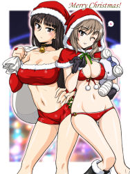 Rule 34 | 2girls, bell, bike shorts, bikini, black hair, blouse, blunt bangs, blush, breasts, brown eyes, christmas, cleavage, collar, english text, front-tie bikini top, front-tie top, frown, girls und panzer, hand on own hip, hat, heart, large breasts, long hair, looking at viewer, mature female, multiple girls, navel, neck bell, nishizumi shiho, o-ring, o-ring bikini, official alternate costume, one eye closed, oosaka kanagawa, outside border, red bikini, red shirt, red shorts, santa costume, santa hat, shimada chiyo, shirt, short hair, shorts, side-by-side, smile, spoken heart, strapless, swimsuit, tube top, white hair