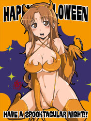 Rule 34 | 1girl, areola slip, bad id, bad pixiv id, bikini, blush, breasts, brown eyes, brown hair, cameltoe, cleavage, covered erect nipples, elbow gloves, english text, gloves, halloween, happy halloween, horns, hukuhuku, large breasts, long hair, navel, open mouth, shiny skin, slingshot swimsuit, solo, swimsuit, takanashi kozue, thighhighs, underboob, working!!
