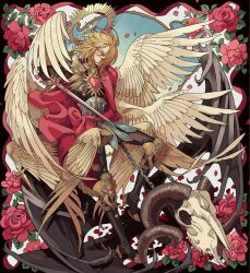 Rule 34 | animal skull, armor, bad id, bad twitter id, black wings, blonde hair, blue eyes, cape, chain, character request, copyright request, demon wings, feathered wings, floral background, flower, full body, hair over one eye, halo, high heels, highres, long sleeves, meremero, multiple wings, petals, red cape, red flower, red rose, rose, rose petals, short hair, solo, standing, white wings, wings, yellow halo