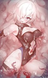 Rule 34 | 1girl, bare shoulders, blush, breasts, cleavage cutout, clothing cutout, crying, crying with eyes open, elbow gloves, fate/grand order, fate (series), gloves, gluteal fold, hair over one eye, large breasts, leotard, mash kyrielight, navel, navel cutout, nurami (shouji), open mouth, short hair, sleeveless, slime (substance), solo, spread legs, tagme, tears, tentacles, thigh strap, thighhighs, tongue