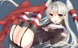 Rule 34 | 10s, 1girl, amatsukaze (kancolle), ass, bad id, bad pixiv id, brown eyes, dress, garter straps, kantai collection, long hair, looking at viewer, lying, on back, open mouth, personification, reflection, sailor dress, school uniform, serafuku, short dress, silver hair, solo, striped background, striped clothes, striped thighhighs, thighhighs, twintails, two side up, umeko (koori ume), wa sakaidera umeko