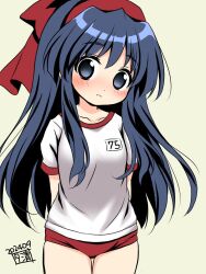 1girl arms_behind_back artist_name blue_eyes blue_hair breasts buruma dated expressionless hair_ribbon highres legs long_hair looking_at_viewer medium_breasts nakoruru ribbon samurai_spirits shirt snk solo sports_uniform sportswear the_king_of_fighters thighs