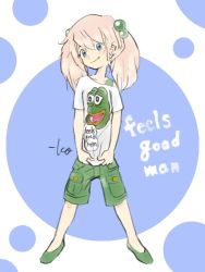 Rule 34 | 1girl, blue eyes, boy&#039;s club, bracelet, character name, character print, commentary, full body, green footwear, green shorts, hair bobbles, hair ornament, jewelry, long hair, looking at viewer, medium hair, meme, original, pepe the frog, pink hair, shirt, shoes, shorts, signature, simple background, solo, standing, t-shirt, takeuchi kou, twintails, white background, white shirt