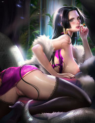 Rule 34 | 1girl, artist name, ass, bare shoulders, black hair, black thighhighs, blue eyes, blush, boa hancock, breasts, cleft of venus, earrings, female focus, finger to mouth, from behind, highres, jewelry, kneeling, large breasts, legs, looking at viewer, looking back, nail polish, nipples, one piece, plant, pussy, sakimichan, scales, sideboob, skull print, snake, snake tail, solo, spread legs, tail, thighhighs, uncensored, water