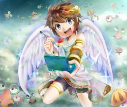 Rule 34 | 1boy, :d, angel, azumi (tks-sd), balunka, belunka, blue eyes, bracer, brown hair, commyloose, company connection, foreshortening, handheld game console, kid icarus, kid icarus uprising, komayto, looking at viewer, male focus, metroid, monoeye, nintendo, nintendo 3ds, open mouth, pit (kid icarus), sky, smile, solo, specknose, stylus, teeth, wings