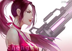 Rule 34 | 1girl, absurdres, artist name, bad hand, bota (tcez), breasts, brown hair, chasing haze, cleavage, gun, highres, holding, holding gun, holding weapon, lipstick, long hair, looking at viewer, makeup, ponytail, purple eyes, quan zhi gao shou, sidelocks, simple background, upper body, very long hair, weapon, white background