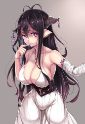 Rule 34 | 10s, 1girl, antenna hair, bad id, bad pixiv id, bandages, black hair, blush, breasts, cleavage, danua, draph, dress, female focus, finger to mouth, fingerless gloves, gloves, gradient background, granblue fantasy, hair between eyes, highres, horn ornament, horns, jewelry, large breasts, long hair, looking at viewer, nano (syoutamho), necklace, pointy ears, red eyes, saliva, solo