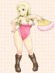 Rule 34 | 1girl, black footwear, blonde hair, boots, breasts, cleavage, closed mouth, commentary request, covered navel, drill hair, folding fan, frilled swimsuit, frills, full body, girls und panzer, green eyes, hand fan, hand on own hip, head tilt, highleg, highleg swimsuit, highres, holding, holding fan, knee boots, legs, long hair, looking at viewer, marie (girls und panzer), medium breasts, one-piece swimsuit, pink one-piece swimsuit, smile, solo, standing, strapless, strapless one-piece swimsuit, swimsuit, tof