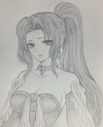 Rule 34 | 1girl, bare shoulders, breasts, choker, cleavage, detached sleeves, earrings, greyscale, higemaccho, highres, jewelry, long hair, looking at viewer, mavelle froessen, medium breasts, monochrome, ponytail, simple background, solo, star ocean, star ocean first departure, white background