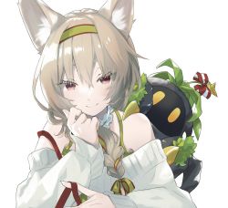 Rule 34 | 1girl, arknights, bare shoulders, beanstalk (arknights), beanstalk (gift uncompleted) (arknights), blush, braid, brown hair, closed mouth, commentary, hairband, highres, hyena ears, hyena girl, long hair, metal crab (arknights), off shoulder, official alternate costume, red eyes, sakuwa, smile, solo