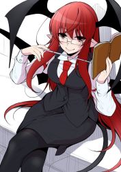 Rule 34 | 1girl, black pantyhose, black skirt, black vest, book, breasts, buttons, commentary request, crossed legs, demon wings, eichi yuu, fang, fang out, glasses, head wings, koakuma, long hair, pantyhose, pointy ears, red eyes, red hair, red neckwear, shirt, sitting, skirt, sleeve cuffs, smile, solo, tail, touhou, very long hair, vest, white shirt, wings