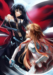 Rule 34 | 10s, 2girls, accel world, armor, asuna (sao), bare shoulders, black legwear, breastplate, brown eyes, brown hair, creator connection, crossover, dengeki bunko fighting climax, detached sleeves, elbow gloves, gloves, hairband, highres, kuroyukihime, long hair, looking at another, multiple girls, open mouth, smile, sword, sword art online, thighhighs, tsubasa19900920, weapon