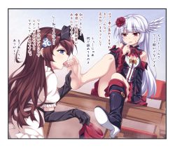 Rule 34 | 2girls, barefoot, belt boots, boots, brown hair, elbow gloves, feet, licking foot, foot worship, gloves, high heel boots, high heels, highres, holding, holding shoes, knee boots, kyuutou (kyuutouryuu), licking, multiple girls, shoe soles, shoes, unworn shoes, single shoe, sitting, smell, soles, toes, translated, yuri