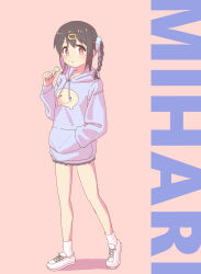 Rule 34 | 1girl, alternate costume, alternate hairstyle, bare legs, black hair, black skirt, blue hoodie, braid, c:, candy, character name, commentary, drawstring, food, full body, hair ornament, hairclip, hand in pocket, highres, holding, holding candy, holding food, holding lollipop, hood, hood down, hoodie, light blush, lollipop, long hair, long sleeves, looking at viewer, miniskirt, multicolored hair, onii-chan wa oshimai!, oyama mihari, pink background, pleated skirt, purple hair, seiyu jelly, shoes, simple background, skirt, smile, socks, solo, twin braids, two-tone hair, white footwear, white socks