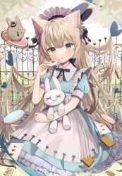 Rule 34 | alice in wonderland, animal ears, apron, blonde hair, blue dress, bug, butterfly, card, cat ears, cat girl, cat tail, cookie, dress, eat me, fence, food, goma (u p), highres, holding, holding stuffed toy, insect, long hair, looking at viewer, maid headdress, original, playing card, stuffed animal, stuffed rabbit, stuffed toy, tail, very long hair, white apron