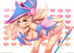 Rule 34 | 1girl, bent over, blonde hair, blush stickers, bracer, breasts, cleavage, closed mouth, dark magician girl, green eyes, hat, heart, heart background, highres, large breasts, long hair, looking at viewer, smile, solo, staff, v, white background, wizard hat, yu-gi-oh!, yur1rodrigues