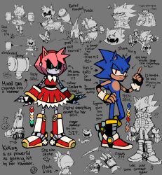 Rule 34 | 1girl, 2boys, 9474s0ul, ?, ??, alternate universe, amy rose, animal ears, animal nose, arrow (symbol), bags under eyes, black gloves, boots, character sheet, closed mouth, color guide, commentary, covered mouth, dr. eggman, dress, english commentary, english text, fangs, fingerless gloves, full body, furry, furry male, gloves, green eyes, grey background, half-closed eyes, hand on own hip, highres, index finger raised, looking at viewer, metal amy, metal sonic, multiple boys, open mouth, toy hammer, red dress, red eyes, red footwear, robot, robot girl, simple background, sonic (series), standing, tail, weapon