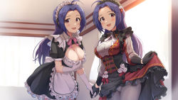 Rule 34 | 2girls, :d, absurdres, ahoge, alternate costume, apron, black gloves, black skirt, blue hair, breasts, cleavage, cleavage cutout, clothing cutout, commission, dual persona, enmaided, frilled skirt, frills, gloves, highres, idolmaster, idolmaster (classic), indoors, large breasts, lifting own clothes, long hair, looking at viewer, maid, maid apron, maid headdress, miura azusa, multiple girls, open mouth, pantyhose, pixiv commission, puffy short sleeves, puffy sleeves, red eyes, short sleeves, shuucream (syuichi), skirt, smile, white apron, white gloves, white legwear, window