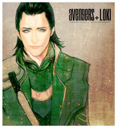 Rule 34 | 1boy, animification, avengers (series), black hair, blue eyes, character name, copyright name, glowing, glowing eyes, green hair, green theme, hair slicked back, j (onose1213), loki (marvel), male focus, marvel, marvel cinematic universe, realistic, smile, solo