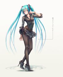 Rule 34 | 1girl, alternate legwear, angry, arrow (symbol), blush, breasts, full body, hatsune miku, high heels, long hair, looking at viewer, panties, panties under pantyhose, pantyhose, shoes, simple background, sleeves pushed up, sleeves rolled up, small breasts, solo, standing, stiletto heels, striped clothes, striped panties, thighband pantyhose, translated, twintails, underwear, very long hair, vocaloid, white background, wokada