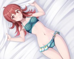 Rule 34 | 1girl, ahoge, alfort (may0508), bed sheet, bikini, blush, breasts, collarbone, cowboy shot, dot nose, female focus, from above, gluteal fold, groin, hands up, idolmaster, idolmaster shiny colors, komiya kaho, legs together, long hair, looking at viewer, lowleg, lowleg bikini, lying, navel, on back, on bed, open mouth, red hair, small breasts, solo, striped bikini, striped clothes, swimsuit, thigh gap
