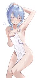 Rule 34 | 1girl, :d, arm up, armpits, blue hair, breasts, clenched teeth, commentary, highres, holding, holding own hair, holding towel, hololive, hoshimachi suisei, long bangs, long hair, looking at viewer, messy hair, naked towel, nude, open mouth, purple eyes, sidelocks, simple background, small breasts, smile, solo, straight-on, teeth, tomanesan, towel, virtual youtuber, wet, white background