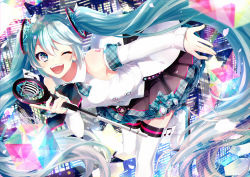 Rule 34 | 1girl, aqua eyes, aqua hair, blush, breasts, building, city, detached sleeves, eyelashes, frilled skirt, frills, gari (apollonica), hair ornament, hatsune miku, highres, holding, holding microphone, light particles, long hair, looking at viewer, magical mirai (vocaloid), magical mirai miku, magical mirai miku (2017), microphone, musical note, nail polish, one eye closed, open mouth, petals, shoulder tattoo, skirt, skyscraper, smile, solo, tattoo, thighhighs, twintails, very long hair, vocaloid