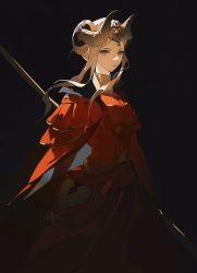Rule 34 | 1girl, black background, dress, edelgard von hresvelg, fire emblem, fire emblem: three houses, highres, holding, holding weapon, horns, long hair, looking at viewer, nintendo, red dress, simple background, weapon, yashugu