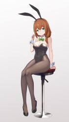 Rule 34 | 1girl, absurdres, animal ears, black leotard, black pantyhose, bow, bowtie, breasts, brown hair, cleavage, detached collar, full body, gradient background, green bow, green bowtie, green eyes, grey background, hair over shoulder, highres, leotard, long hair, looking at viewer, medium breasts, onejio, original, pantyhose, playboy bunny, rabbit ears, sitting, solo, stool, strapless, strapless leotard, white background, wrist cuffs