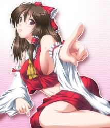 Rule 34 | 1girl, :p, bow, breasts, brown hair, detached sleeves, female focus, hair bow, hair tubes, hakurei reimu, highres, japanese clothes, long hair, miko, navel, nori tamago, pointing, pointing at viewer, red eyes, sideboob, sidelocks, solo, tongue, tongue out, touhou