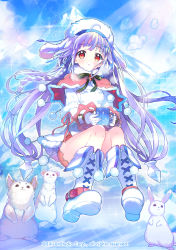 Rule 34 | 1girl, ahoge, animal, bad id, bad pixiv id, blue sky, boots, braid, breath, capelet, cup, day, glacier, gloves, gyakushuu no fantasica, hat, highres, long hair, looking at viewer, mug, official art, outdoors, pom pom (clothes), purple hair, rabbit, rassie s, red eyes, sitting, sky, snow, snowflakes, sparkle, sunlight, watermark, white footwear, white gloves, white hat