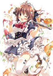 Rule 34 | &gt; &lt;, 1girl, ;d, absurdres, ahoge, animal bag, apron, blouse, blush, bow, bow legwear, breasts, brown eyes, brown hair, cat bag, cat hair ornament, cherry tomato, clipboard, cup, drinking glass, food, fork, frilled apron, frills, full body, gold trim, hair between eyes, hair bow, hair ornament, heart, high-waist skirt, highres, ice, ice cube, ketchup, legs up, lettuce, looking at viewer, maid headdress, medium breasts, name tag, omelet, omurice, one eye closed, open mouth, original, pan (mimi), paper, petticoat, plate, red bow, scan, shirt, skirt, smile, solo, sparkle, spoon, squeeze bottle, thighhighs, tomato, waist apron, waitress, white apron, white background, white shirt, white thighhighs