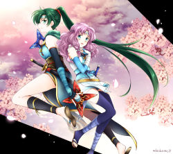 Rule 34 | 2girls, blue eyes, closed mouth, dual wielding, elbow gloves, fingerless gloves, fire emblem, fire emblem: the blazing blade, fire emblem heroes, florina (fire emblem), from side, gloves, green eyes, green hair, highres, holding, holding weapon, japanese clothes, long hair, lyn (fire emblem), multiple girls, ninja, nintendo, open mouth, petals, ponytail, purple hair, scabbard, sheath, sheathed, shirokuroma 29, shuriken, sword, thighhighs, twitter username, weapon
