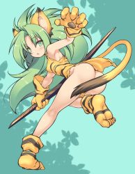 Rule 34 | 1girl, :o, animal ears, animal hands, animal print, ass, blush, cat ears, cat tail, cham cham, convenient censoring, gloves, green eyes, green hair, highres, long hair, looking at viewer, ohgaki m, paw gloves, samurai spirits, snk, solo, tail, tiger print