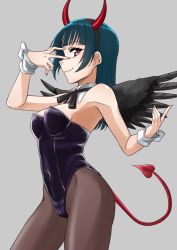 Rule 34 | 10s, 1girl, black feathers, blue hair, breasts, cowboy shot, demon horns, demon tail, detached collar, fake horns, feathered wings, feathers, grey background, hairband, horns, leotard, long hair, looking at viewer, love live!, love live! sunshine!!, neck ribbon, nontraditional playboy bunny, pantyhose, playboy bunny, purple eyes, ribbon, rurie (lourie), simple background, smile, solo, tail, tsushima yoshiko, v over eye, wings, wrist cuffs