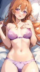 Rule 34 | 1girl, bed sheet, blush, bra, breasts, brown hair, collarbone, commentary request, hair between eyes, hair ornament, hairclip, hand on own chest, highres, konoe kanata, large breasts, long hair, looking to the side, love live!, love live! nijigasaki high school idol club, lying, midriff, navel, on back, on bed, on pillow, open mouth, panties, pillow, purple bra, purple eyes, purple panties, shiitake taishi, smile, solo, underwear, underwear only, undressing