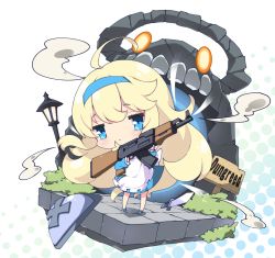 Rule 34 | 1girl, :&lt;, ahoge, ak-47, apron, assault rifle, blonde hair, blue dress, blue eyes, blue footwear, blue hairband, blush, chibi, closed mouth, commentary request, copyright request, dress, gun, hair between eyes, hairband, halftone, halftone background, holding, holding gun, holding weapon, kalashnikov rifle, lamppost, leaning to the side, long hair, long sleeves, looking at viewer, maid apron, mary janes, milkpanda, rifle, shoes, solo, standing, very long hair, weapon, white apron, white background